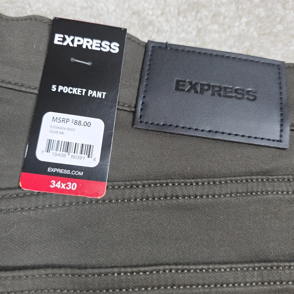 Express Pants Mens 34x30 Olive Ink Flat Front Chino 5-Pocket Outdoor NWT - Picture 5 of 5